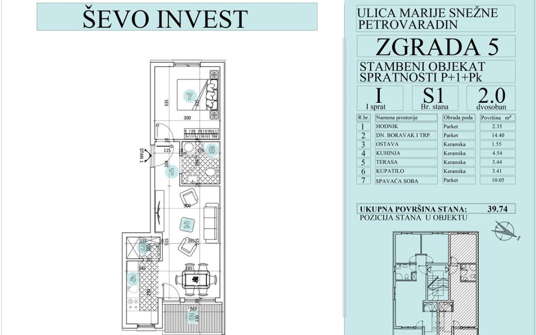 Stan 1. 39.74m2, cena 1800e sa uključenim PDV-om.