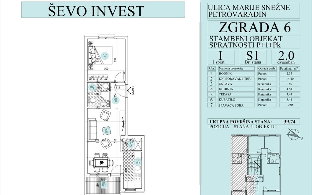 Stan 1. 39.74m2, cena 1800e sa uključenim PDV-om.