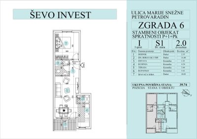 Stan 1. 39.74m2, cena 1800e sa uključenim PDV-om.