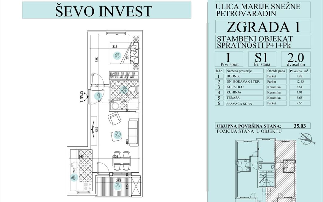 Stan 1. 35.03m2, cena 1800e sa uključenim PDV-om.