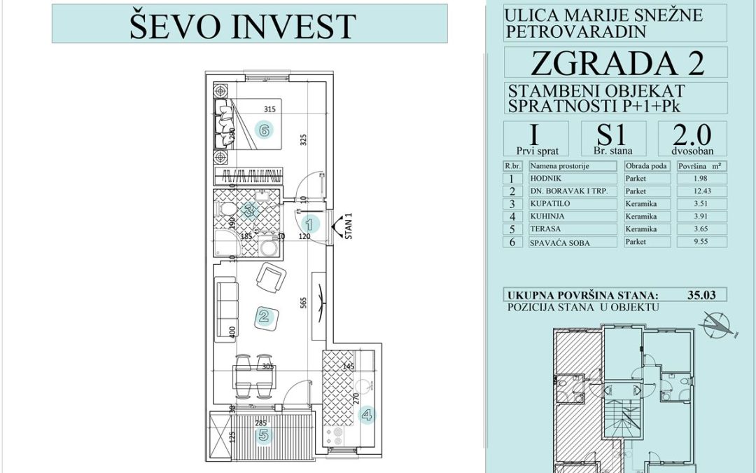 Stan 1. 35.03m2, cena 1800e sa uključenim PDV-om.