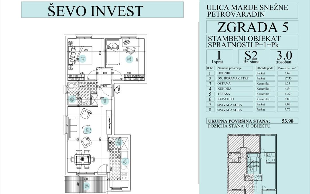 Stan 2. 53.98m2, cena 1750e sa uključenim PDV-om.