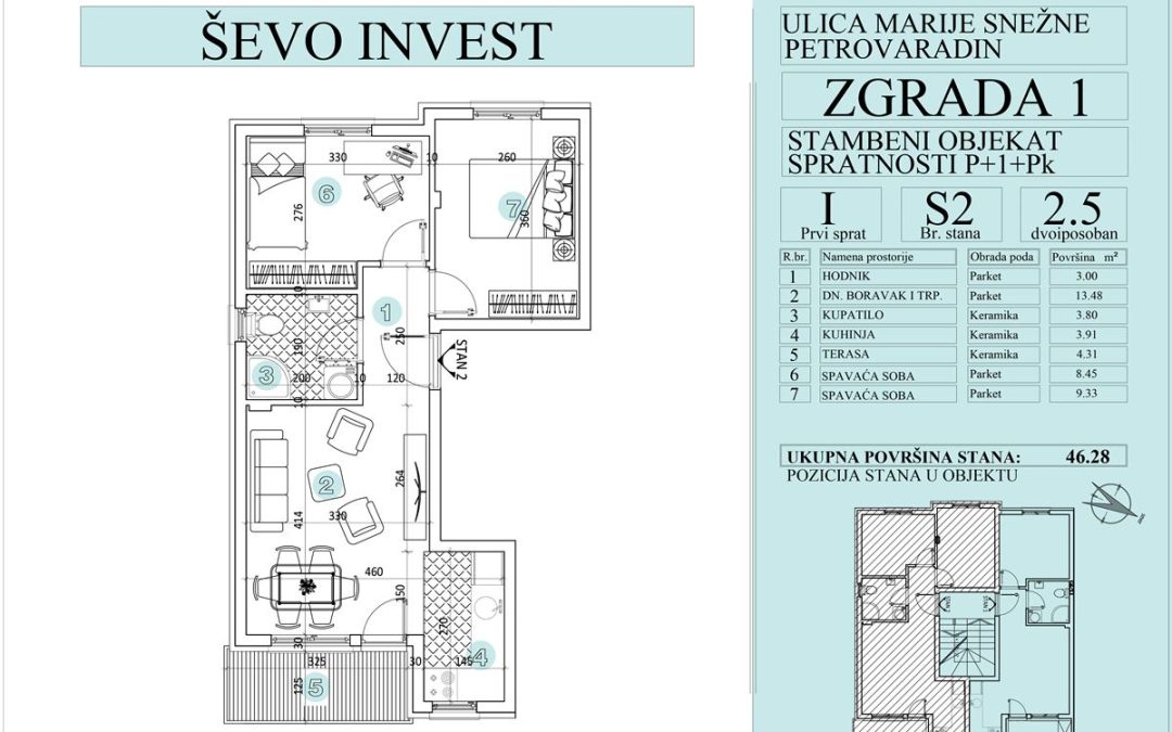 Stan 2. 46.28m2, cena 1750e sa uključenim PDV-om.