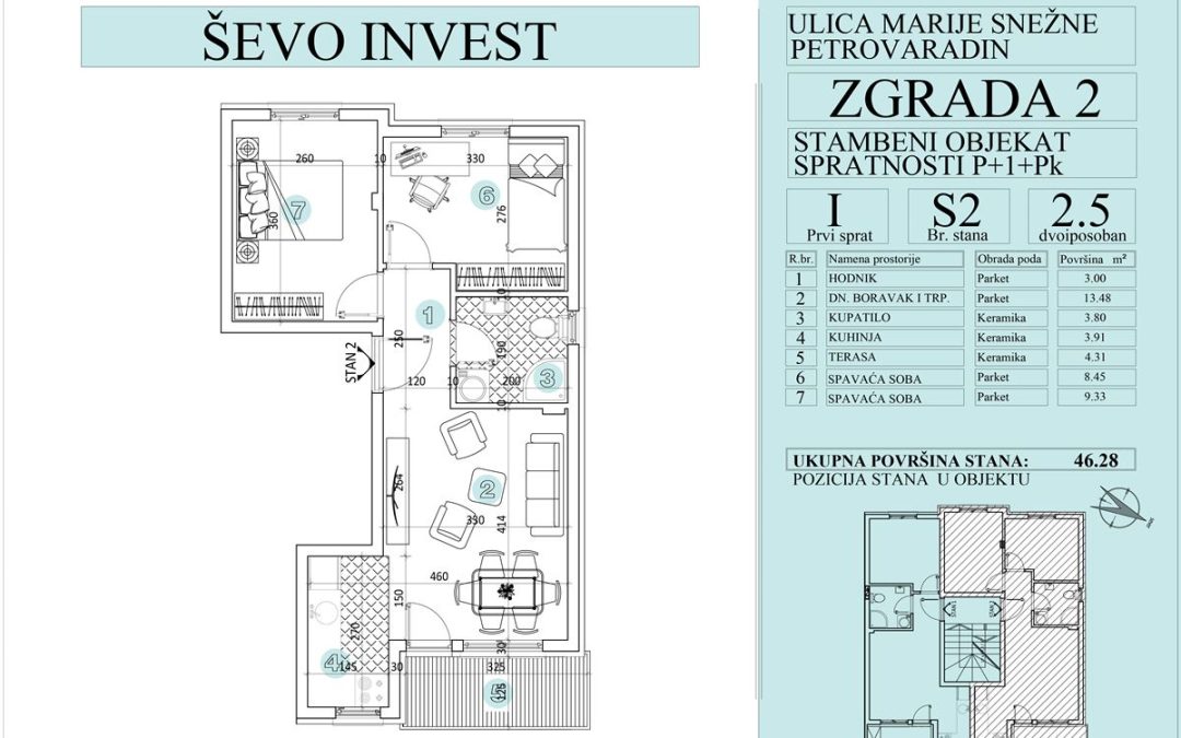 Stan 2. 46.28m2, cena 1800e sa uključenim PDV-om.