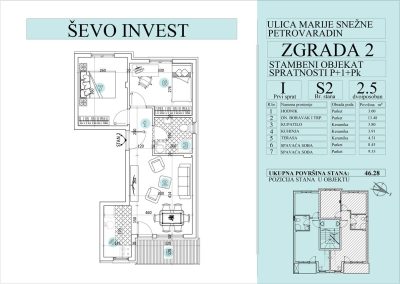 Stan 2. 46.28m2, cena 1800e sa uključenim PDV-om.