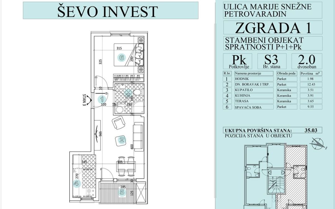 Stan 3. 35.03m2, cena 1800e sa uključenim PDV-om.