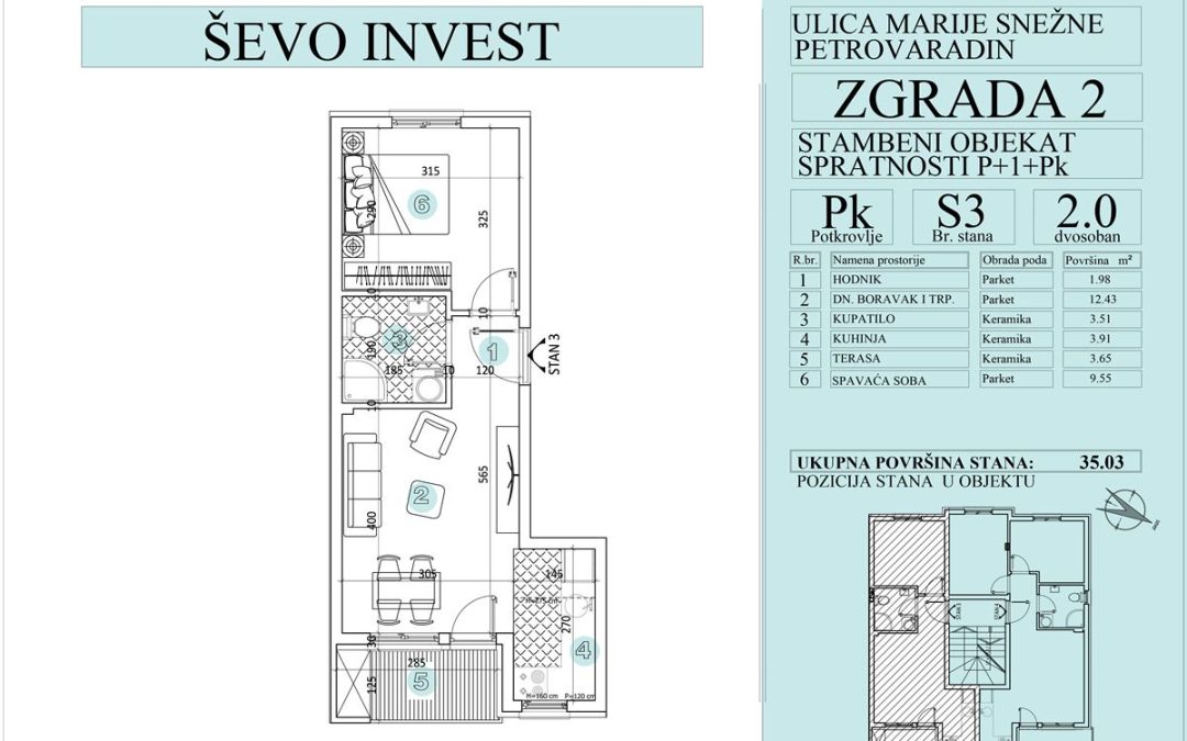 Stan 3. 35.03m2, cena 1800e sa uključenim PDV-om.