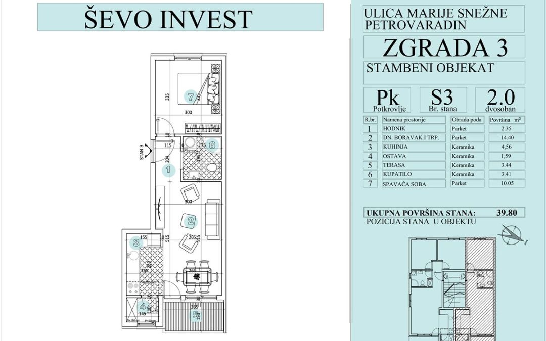 Stan 3. 39.80m2, cena 1800e sa uključenim PDV-om