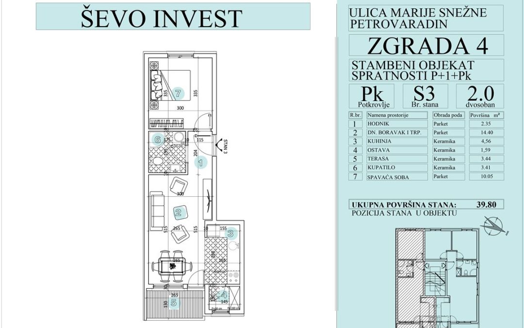 Stan 3. 39.80m2, cena 1800e sa uključenim PDV-om.