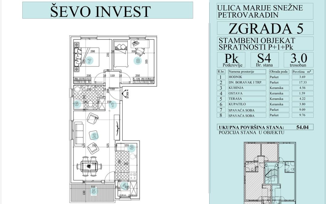 Stan 4. 54.04m2, cena 1750e sa uključenim PDV-om.