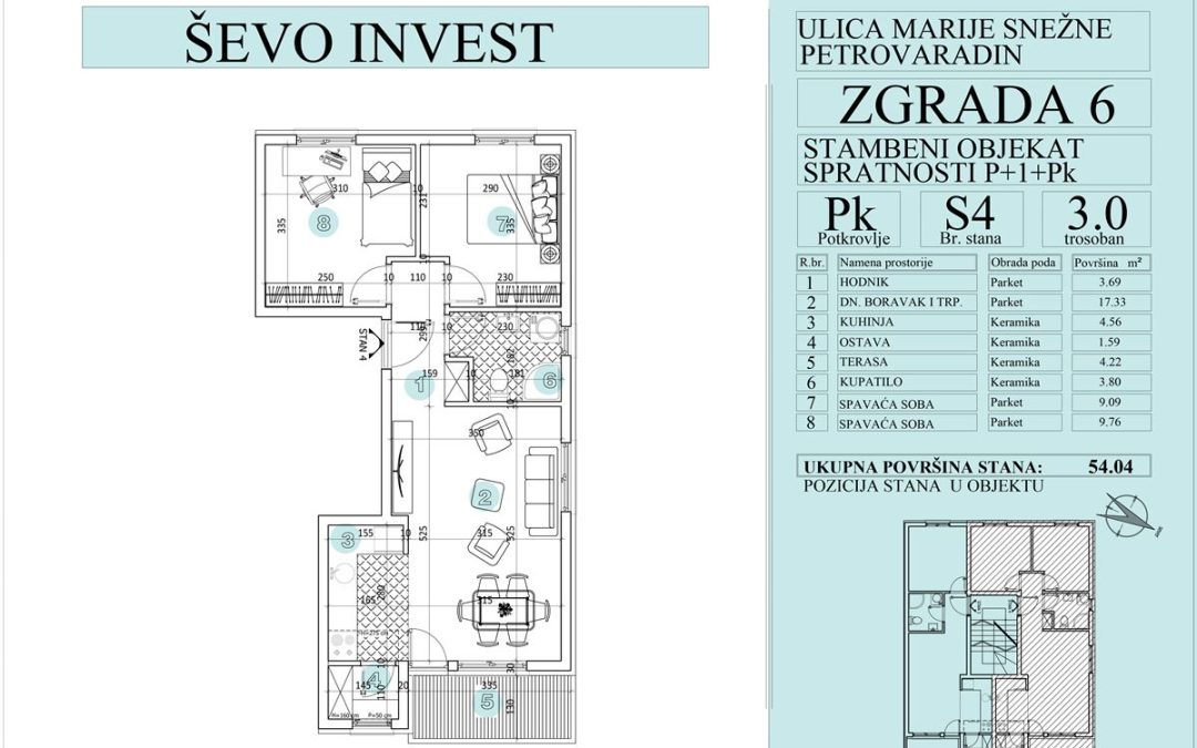 Stan 4. 54.04m2, cena 1750e sa uključenim PDV-om.