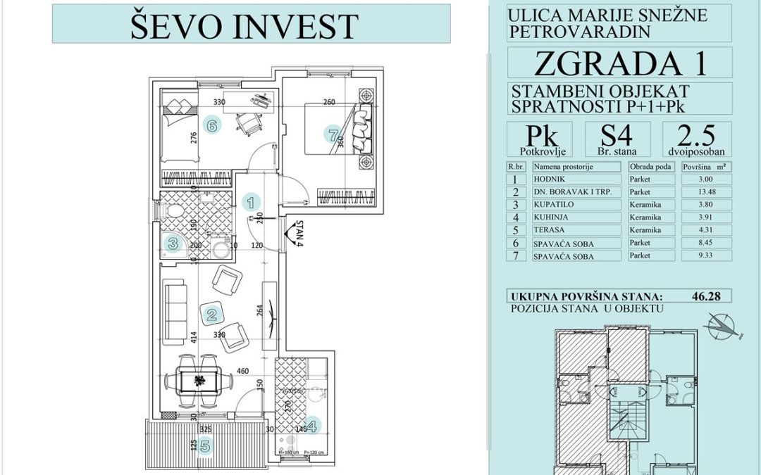 Stan 4. 46.28m2, cena 1750e sa uključenim PDV-om.