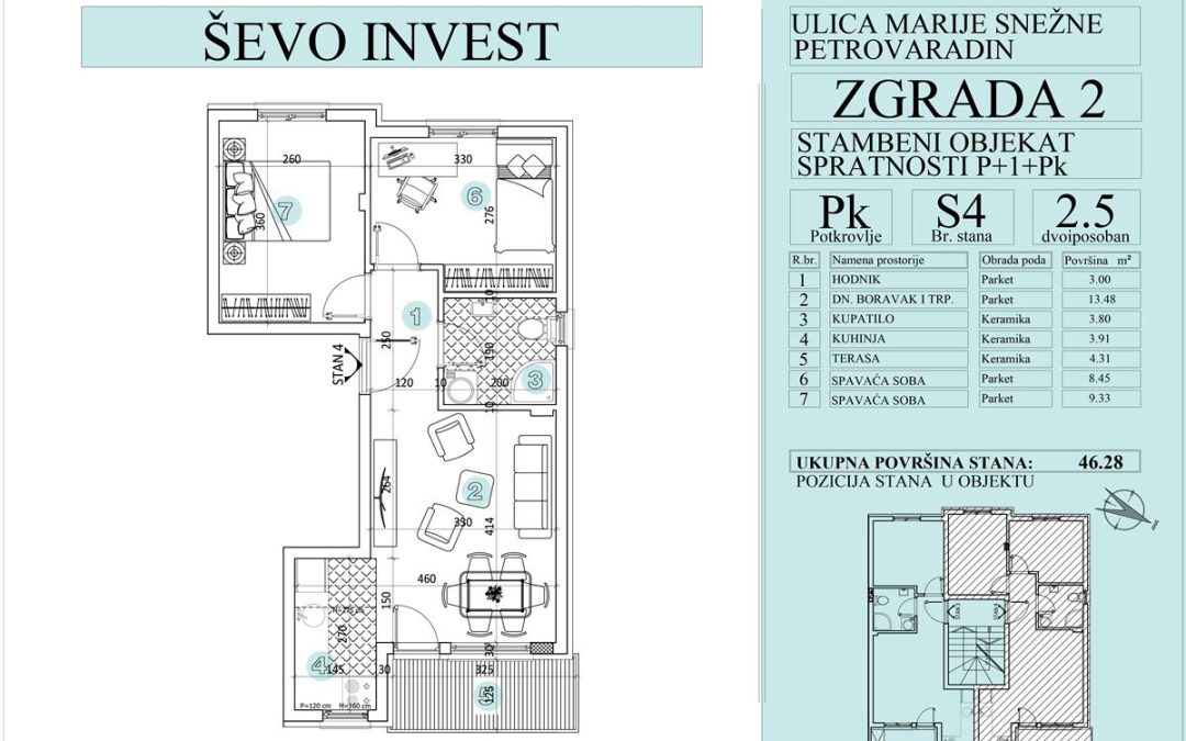 Stan 4. 46.28m2, cena 1750e sa uključenim PDV-om.