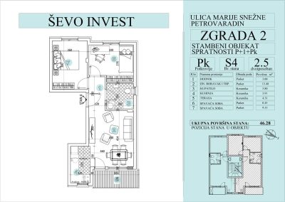 Stan 4. 46.28m2, cena 1750e sa uključenim PDV-om.